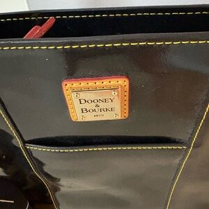 Dooney & Bourke Black Patent Tote with Yellow Stitching and Red Trim